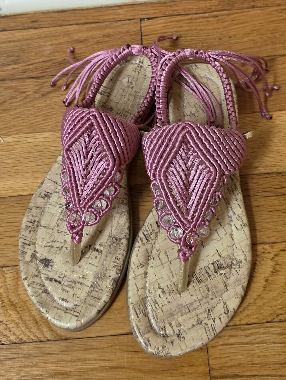 Pink Macramé Beaded Thong Sandals Handmade